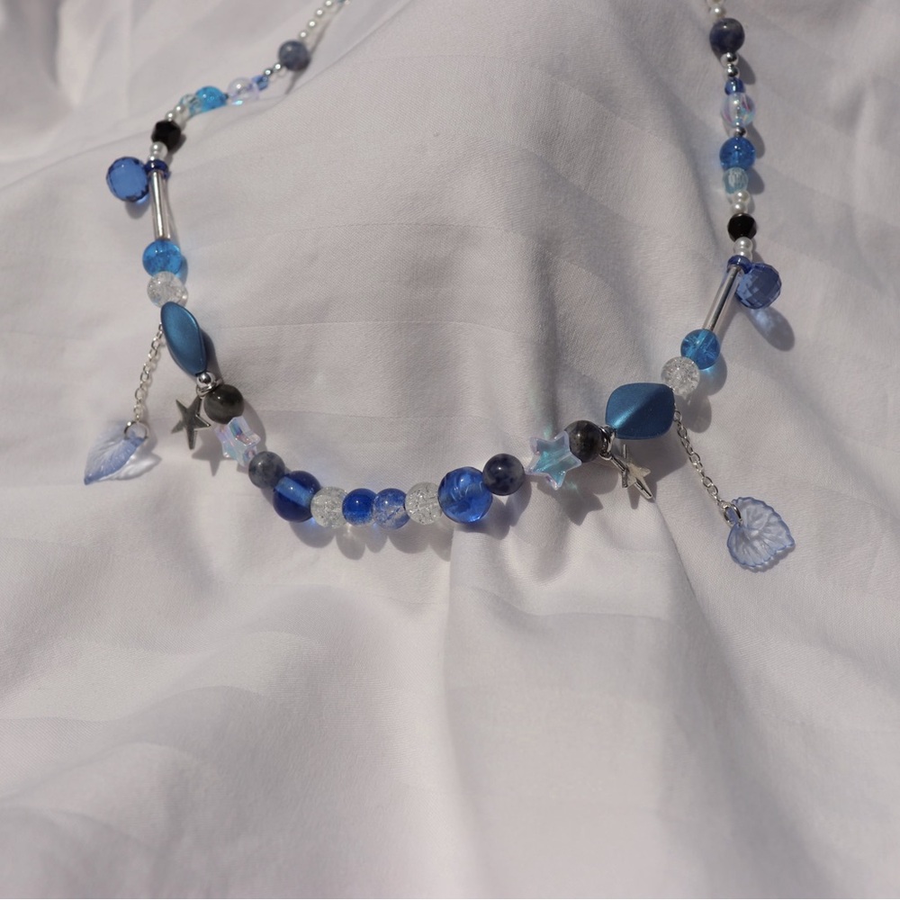 Handmade Blue Beaded Necklace with Star Charms